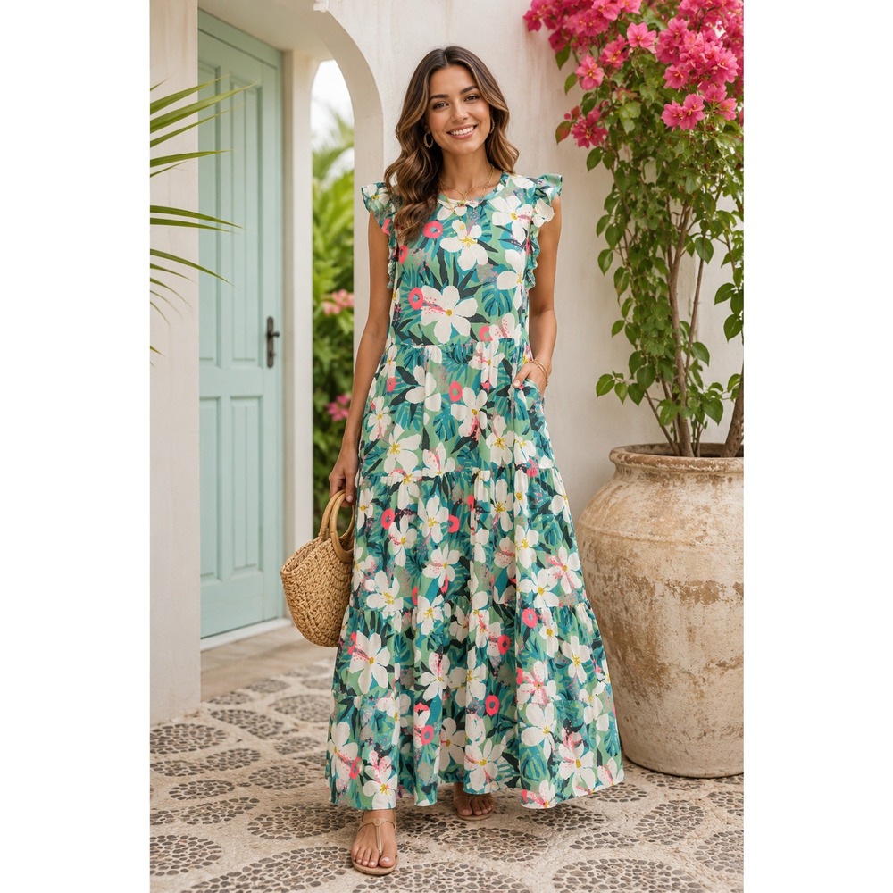 THML Tiered Maxi Dress Small Tropical‎ Floral Teal Sleeveless Pockets Boutique